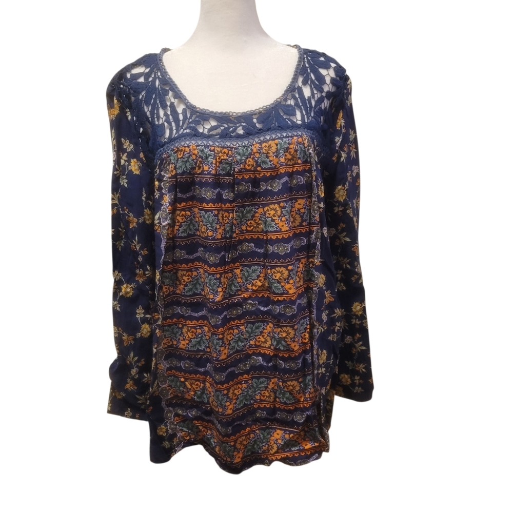 Suzanne‎ Betro Womens Size XL Floral High Low Crochet Tunic Top Navy